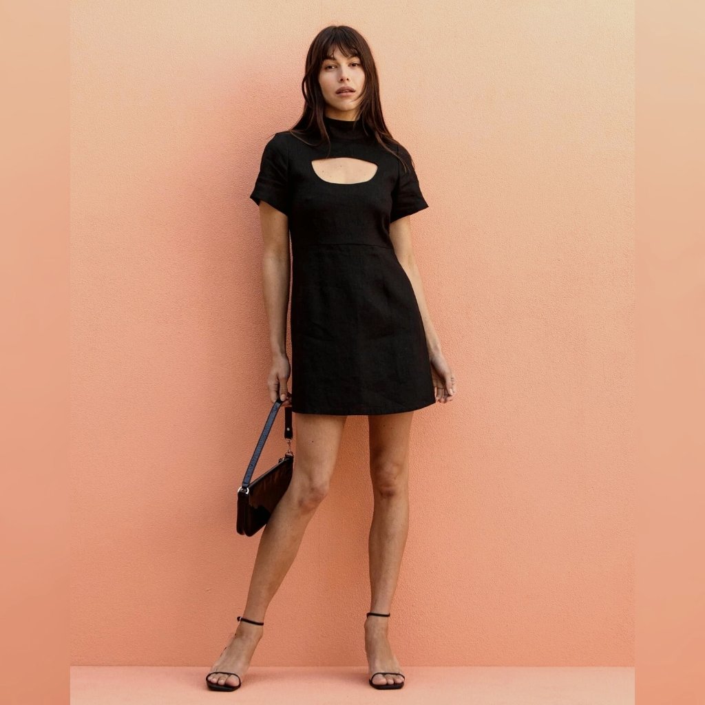 Posse Linen Mini Dress L 10 Women's Casual Cutout Short Sleeve Short New 33569